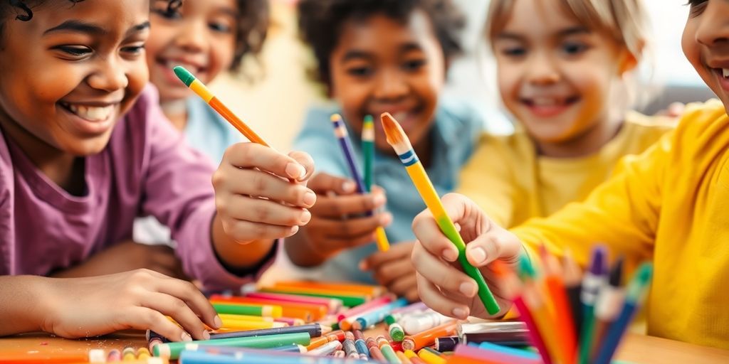 Children creating art with colorful supplies.