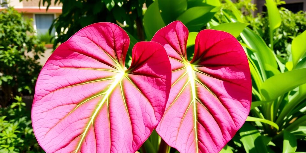 Planta Orelha de Elefante Rosa em um jardim urbano.