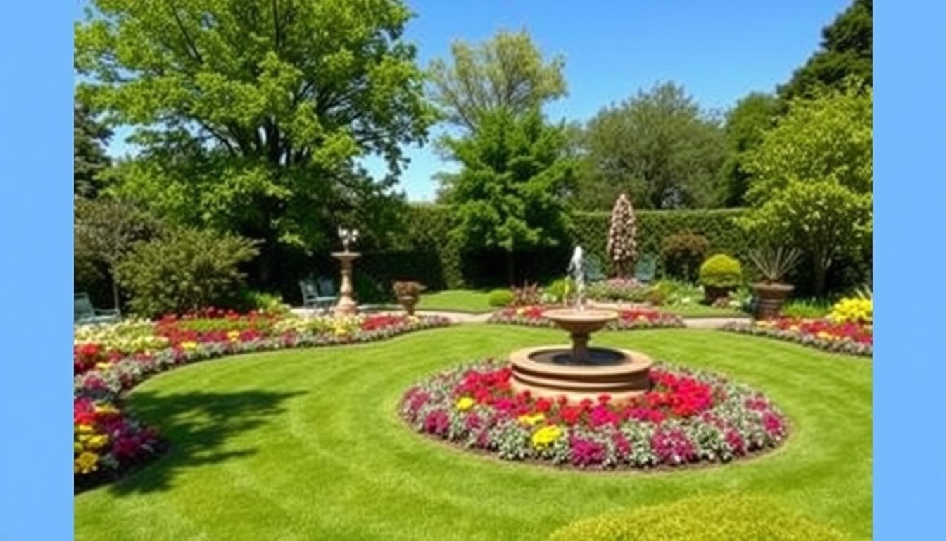 Freshly laid green lawn with flower beds