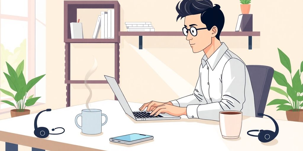 Remote freelancer at desk with laptop, headset, coffee mug, plant.
