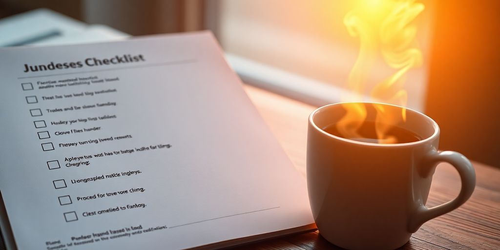 Checklist with coffee cup and sunrise.