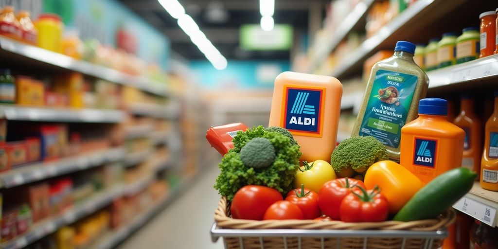 Bunte Aldi Produkte in einem Einkaufsumfeld.
