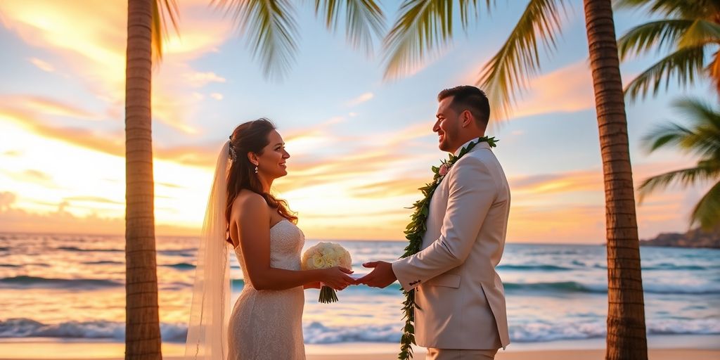 Bride and groom embracing on a Cabo beach at sunset.
