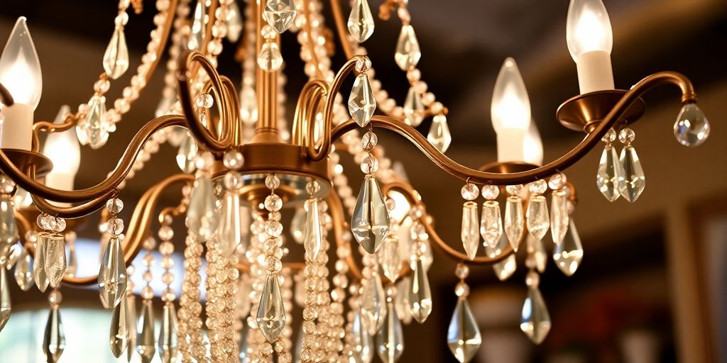 Sparkling chandelier hangs in elegant room.