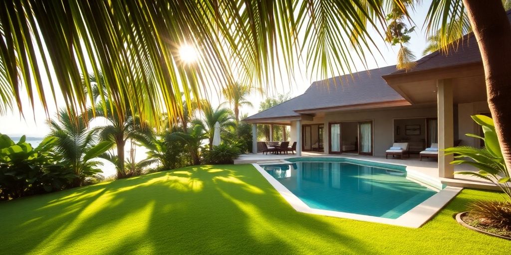 Thai villa with tropical garden and clear blue sky.