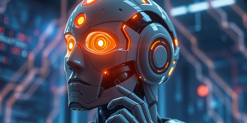 Futuristic robot in contemplation amidst digital data streams.