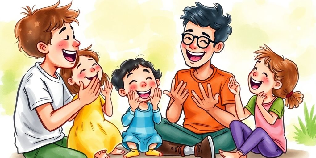 Family playing Reverse Charades with laughter and colorful expressions.