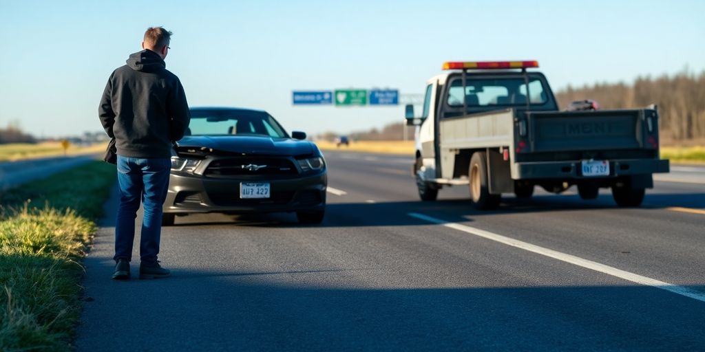 Person waiting by a broken-down car on the roadside.
