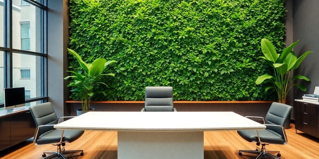 Executive office with natural wood desk and plant-filled wall.
