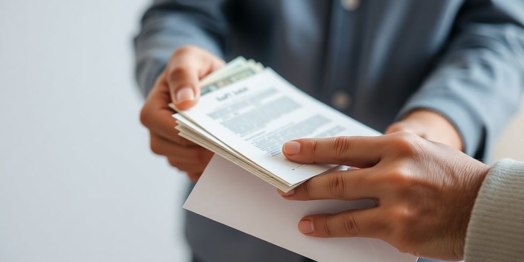 Main tenant une liasse de billets et une enveloppe.