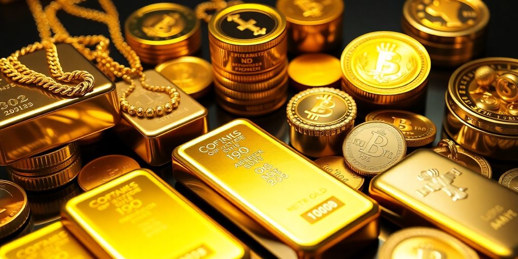 Collection d'or: lingots, pièces et bijoux brillants.