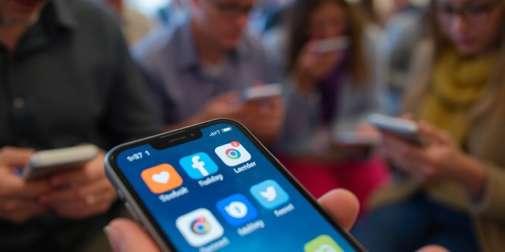 Smartphone. Smartphone with social media icons on a blurred background.