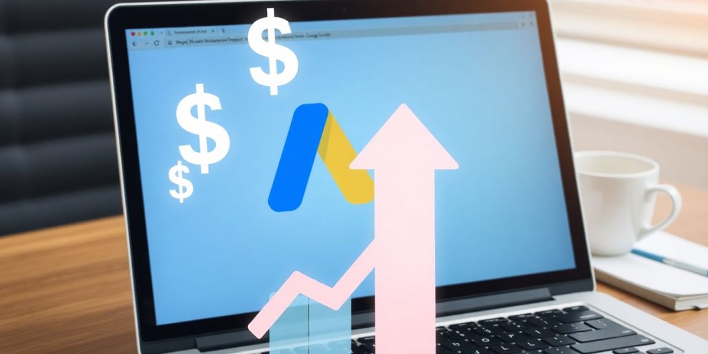 Laptop with Google Ads, money, and arrow pointing up