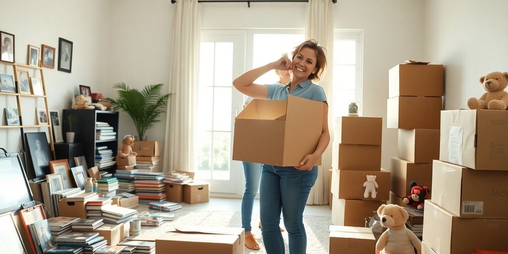 Smiling person lifts box amid clutter in bright living room