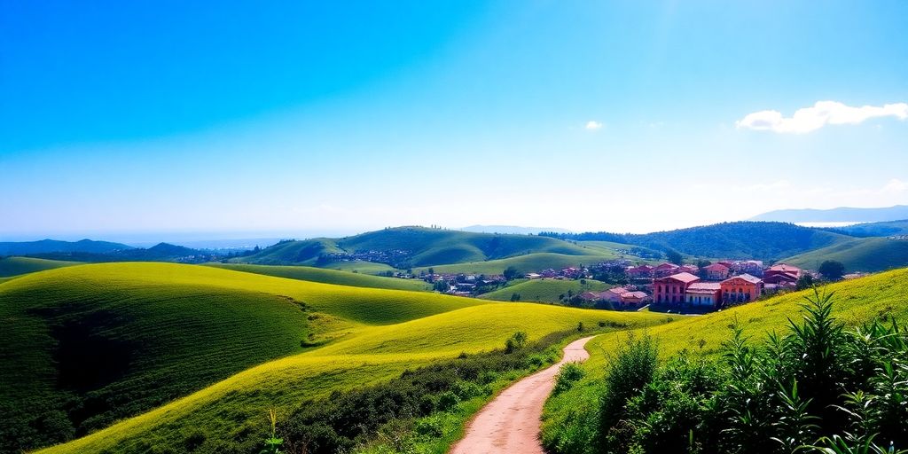 Sunny South American landscape with hills and colorful buildings.