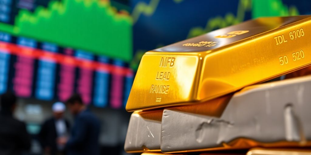 Barres d'or et d'argent sur un fond flou.
