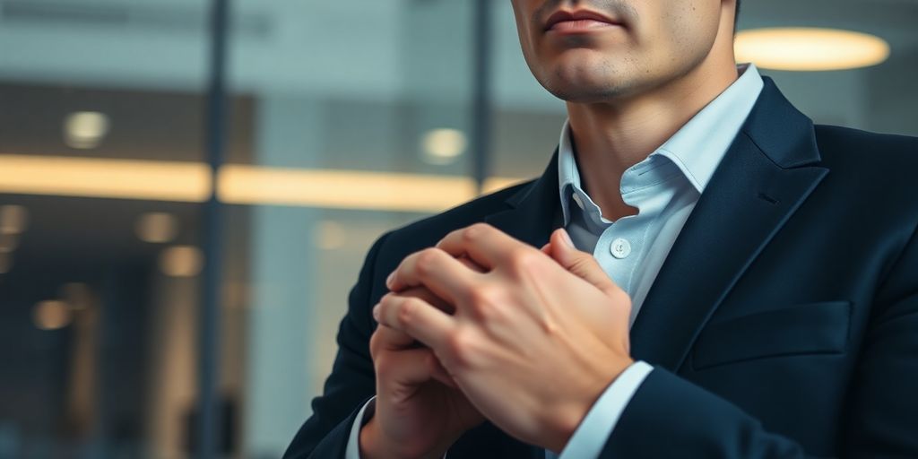 Executive in suit, hands clasped.