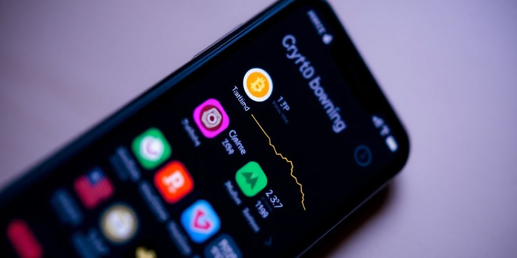 Smartphone with cryptocurrency tracking app on screen.