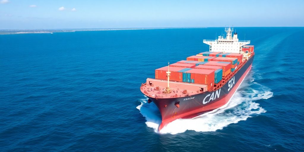 Cargo ship navigating calm waters under a clear blue sky.