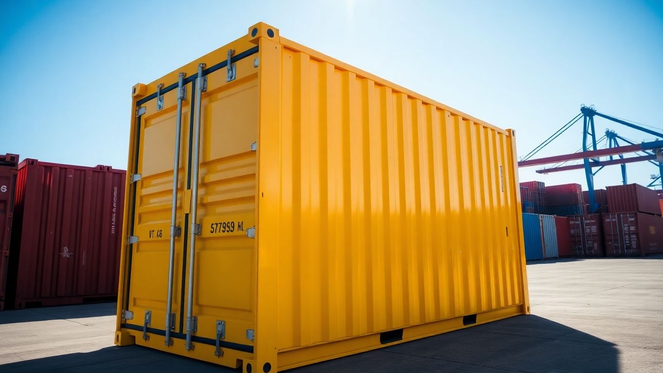 Shipping container, pristine condition, sunny port.