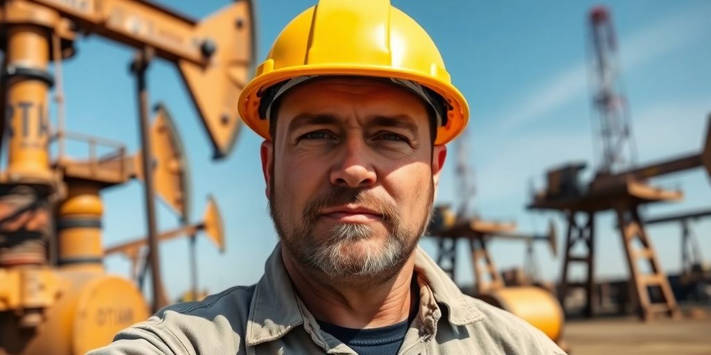Oilfield worker in hard hat at work site.