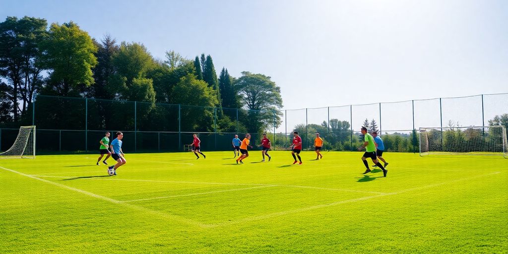 Soccer field with players practicing in bright jerseys.