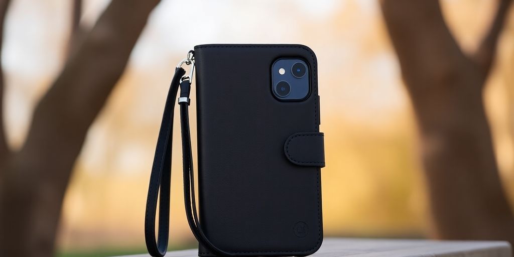 iPhone 14 Pro Max wallet case, black, with wrist strap.