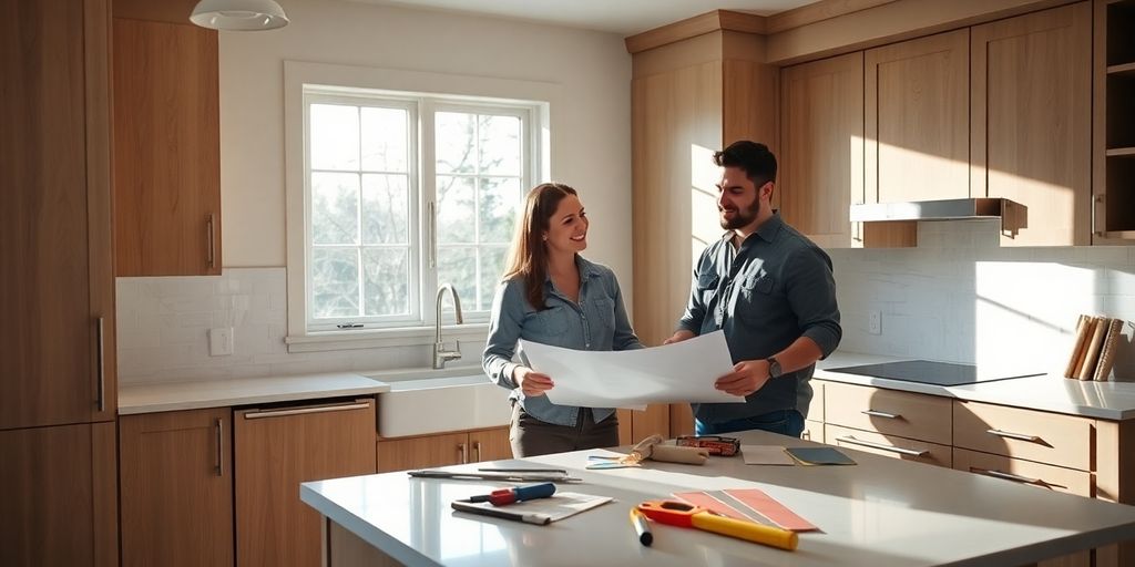 Contractor discusses remodeling with homeowners in kitchen.