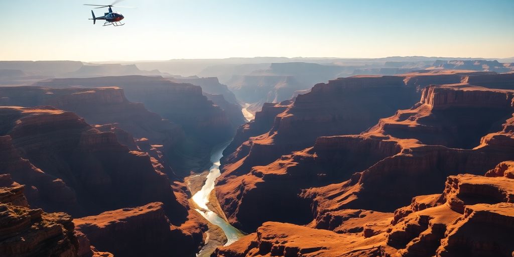 A helicopter flying over the Grand Canyon landscape.