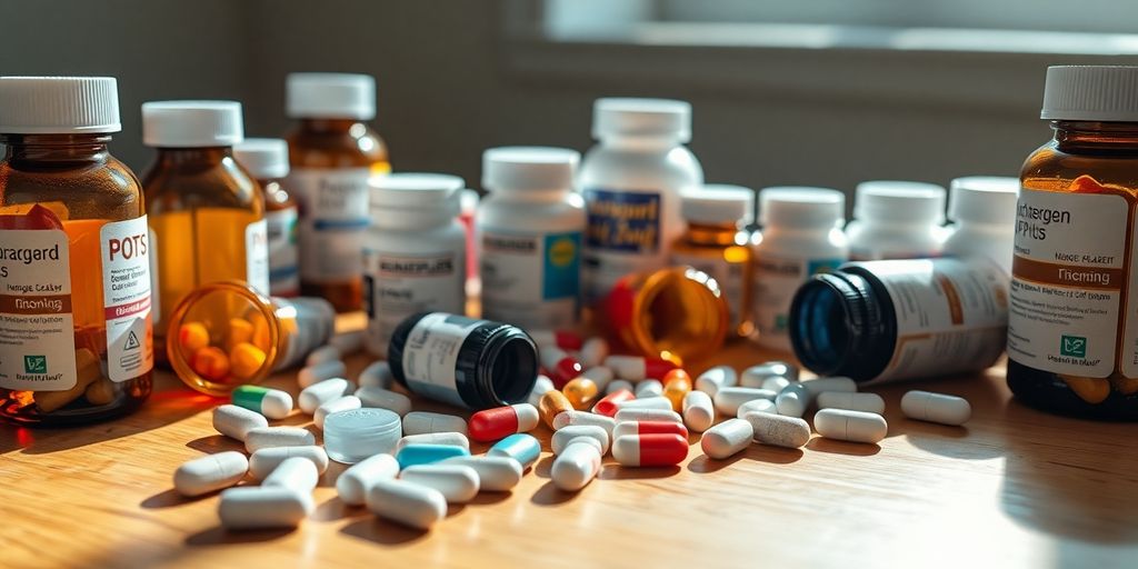 Variety of medication bottles and pills on a table.