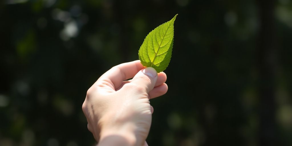 Man's hand holding a single green leaf.