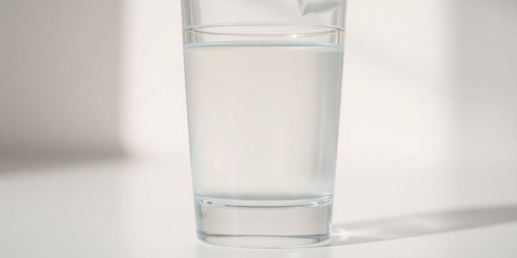 Clear glass of water with ice, light background.