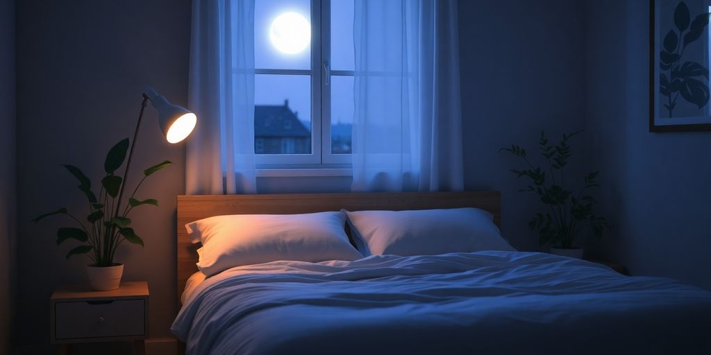Calm bedroom with soft lighting and moonlight.
