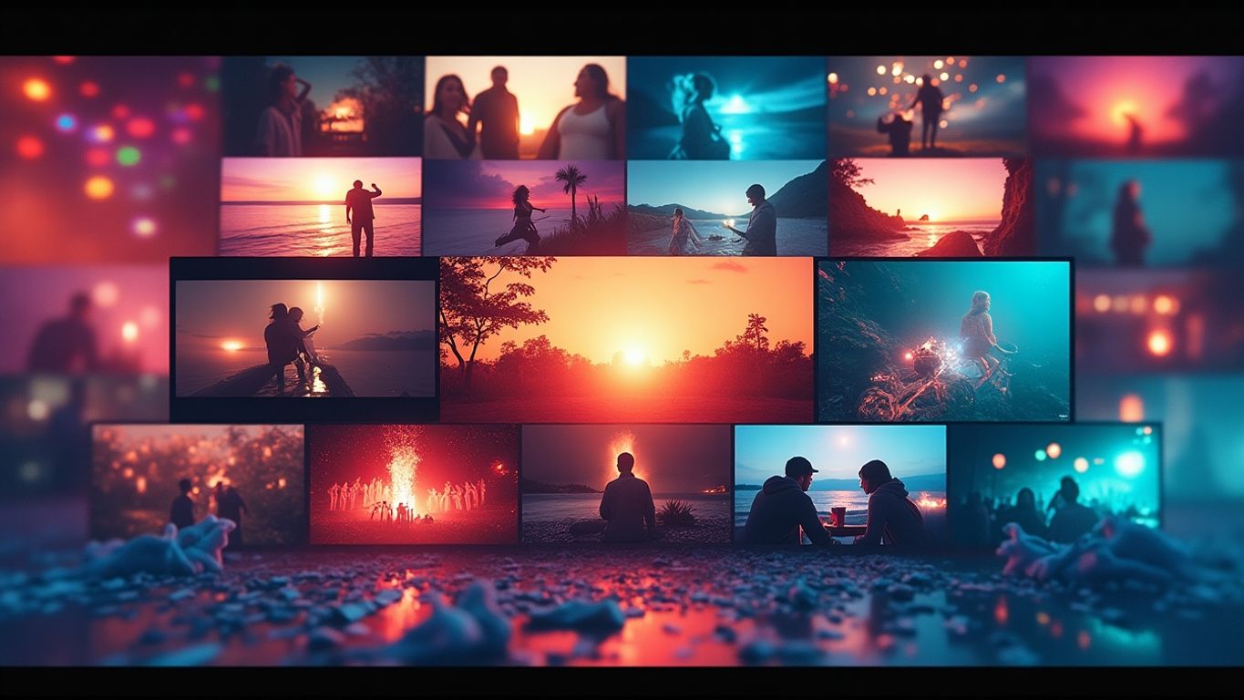 Colorful video clips illustrating automated video generation.