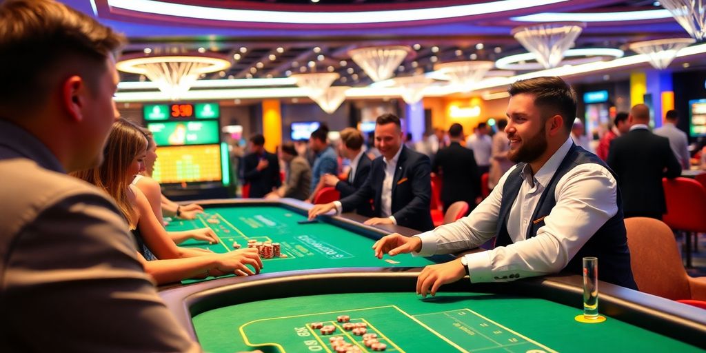 Live dealer casino scene with players and a dealer.