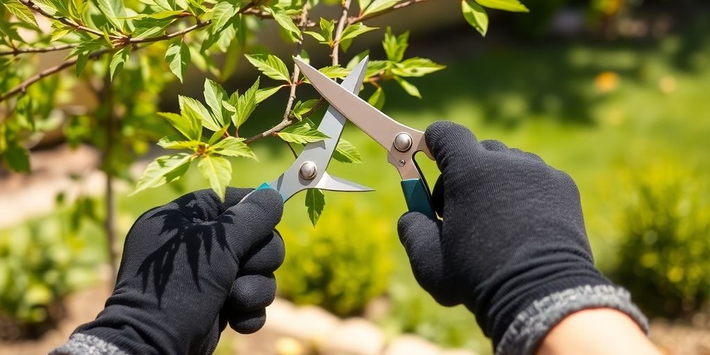Shrub trimming with gardening shears.