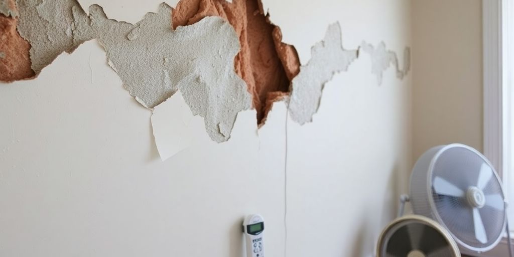 Water-damaged drywall with tools for remediation nearby.