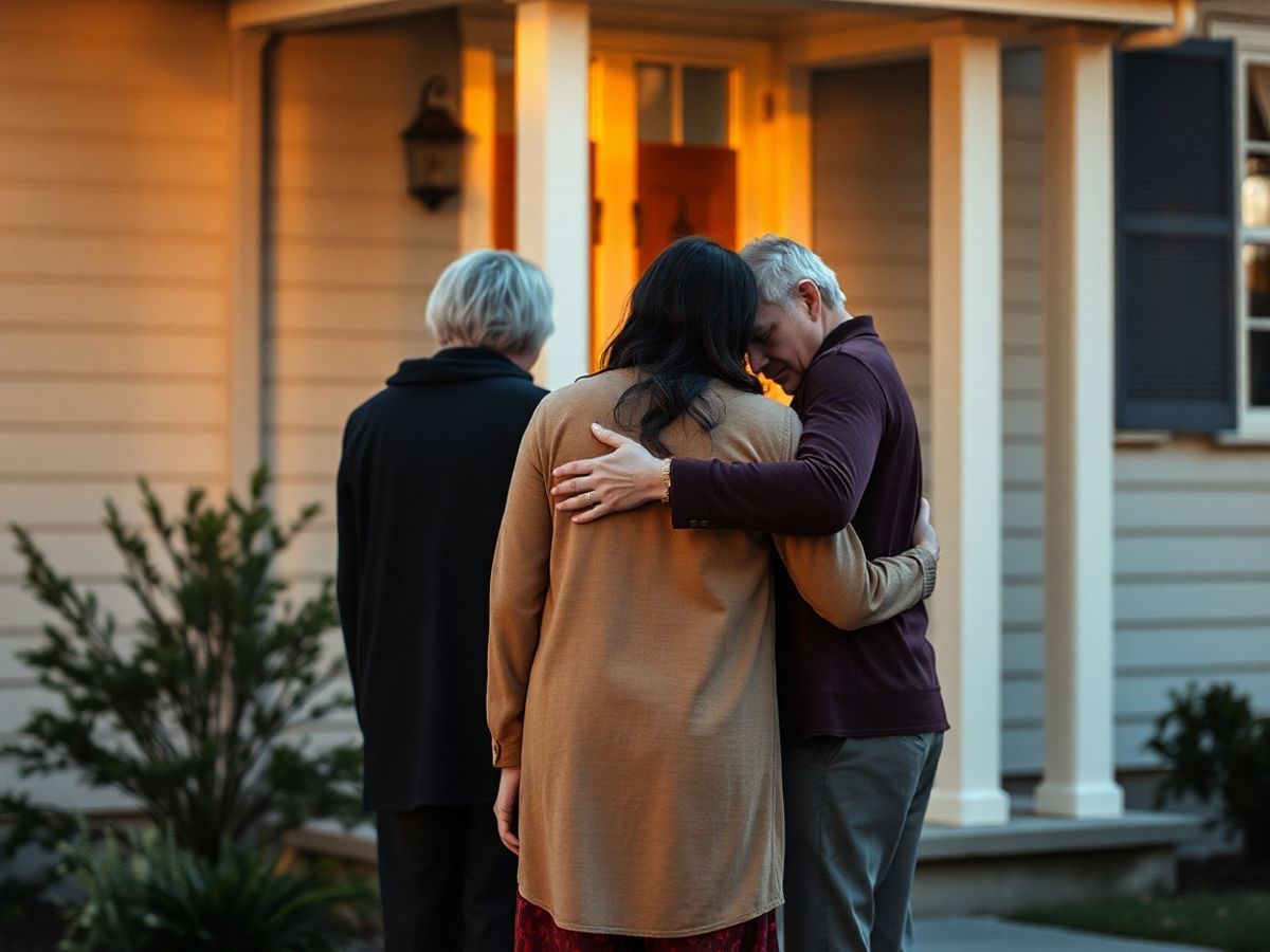 Familie plângând în fața unei case.