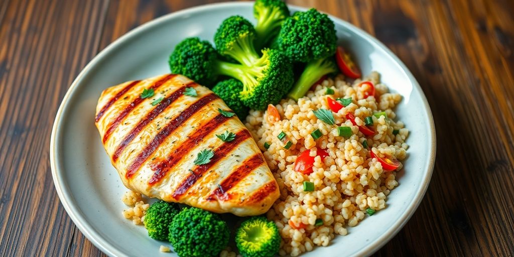 Healthy dinner plate with grilled chicken and vegetables.