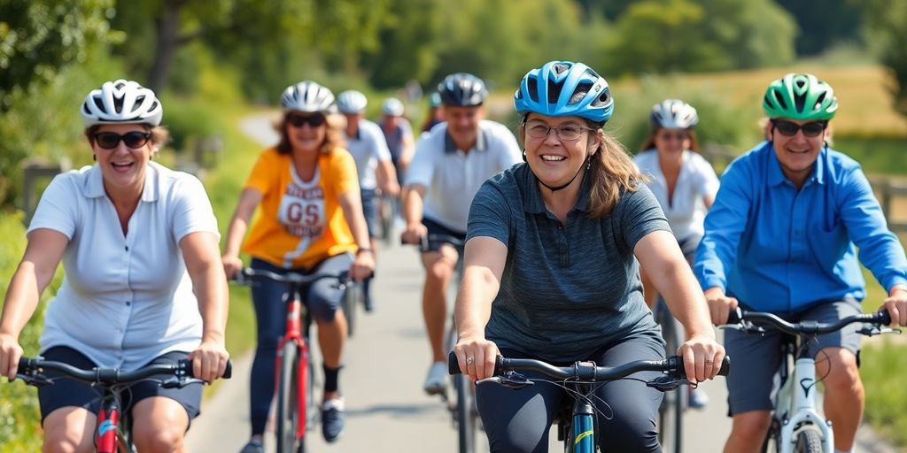 Cyclists of different ages riding on scenic paths.