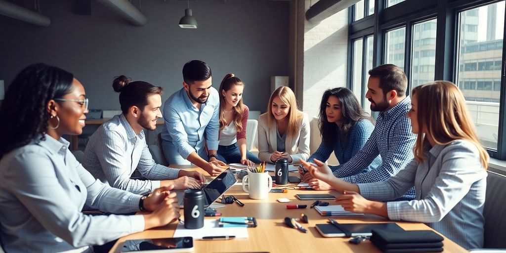 Diverse professionals brainstorming in a bright office space.