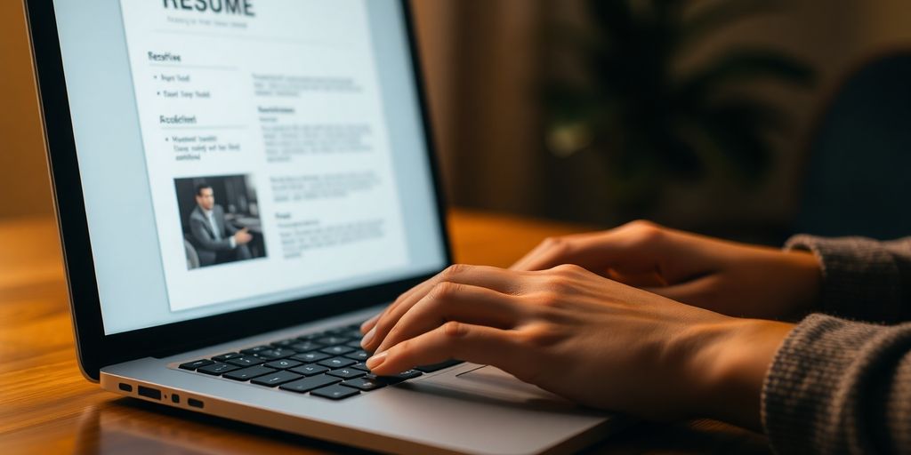 Person typing on laptop, resume on screen