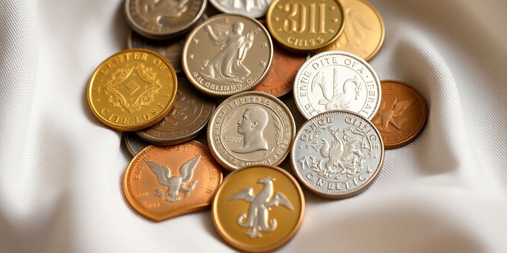 Close-up of collectible coins on a soft fabric.