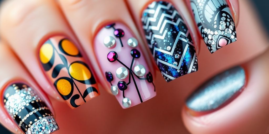 Nail art moderno e sofisticado em unhas coloridas.