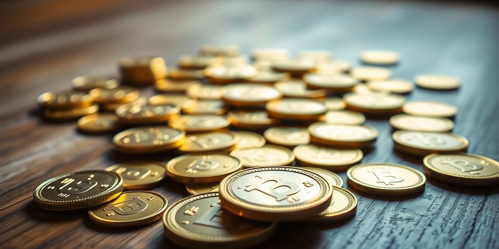 Pièces d'or éparpillées sur une table en bois.