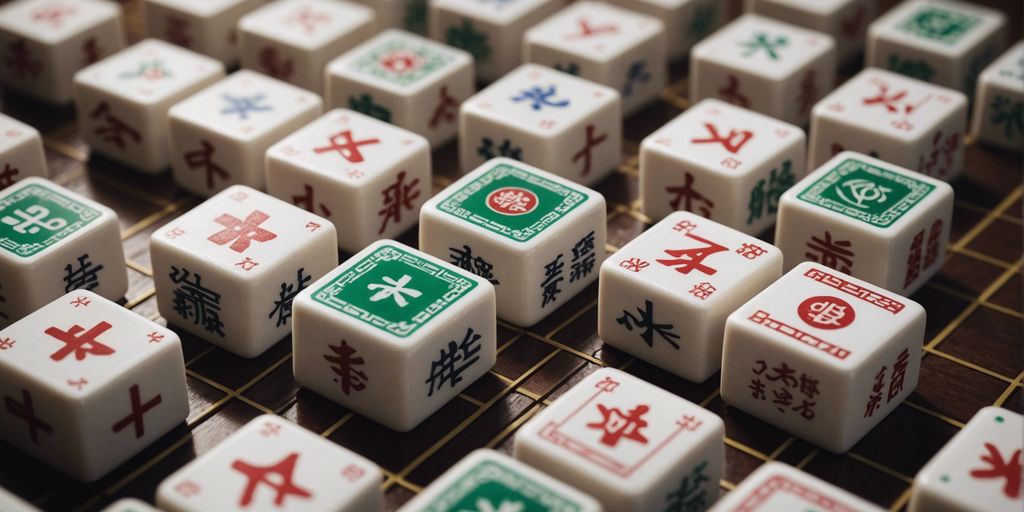 Illustration of Mahjong tiles with different symbols arranged in a grid pattern.