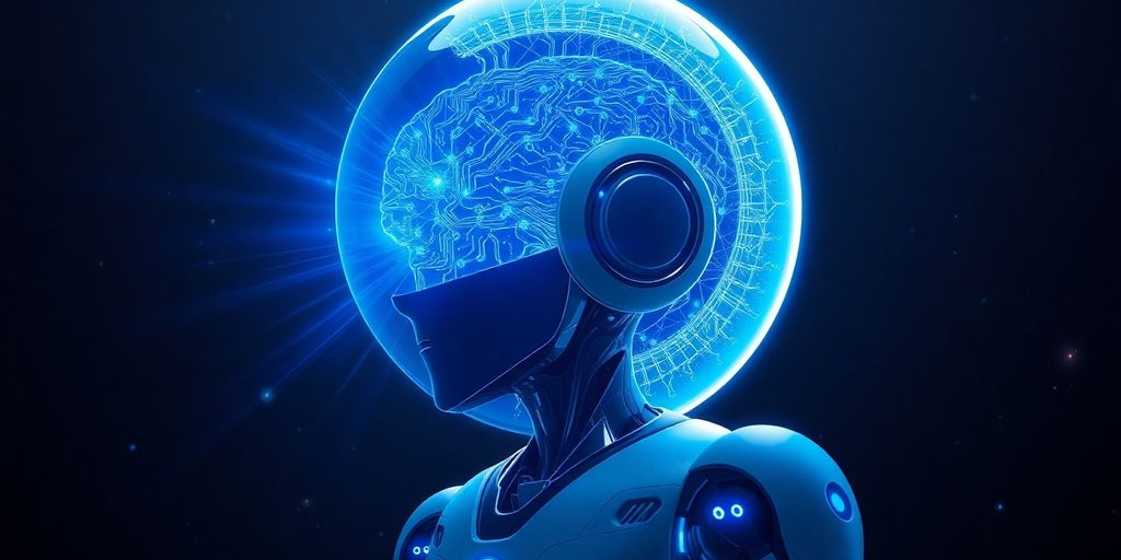 Moon robot, glowing brain, open-source code.