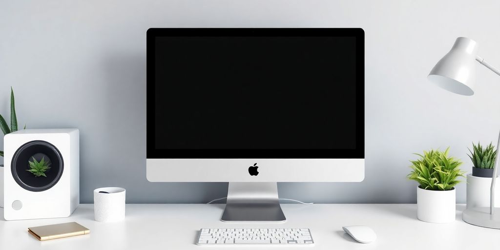 A minimalist web design workspace with a sleek computer.