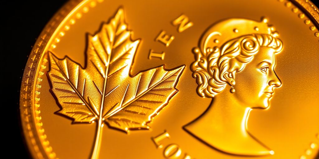Une pièce d'or Maple Leaf brillante sur un fond neutre.