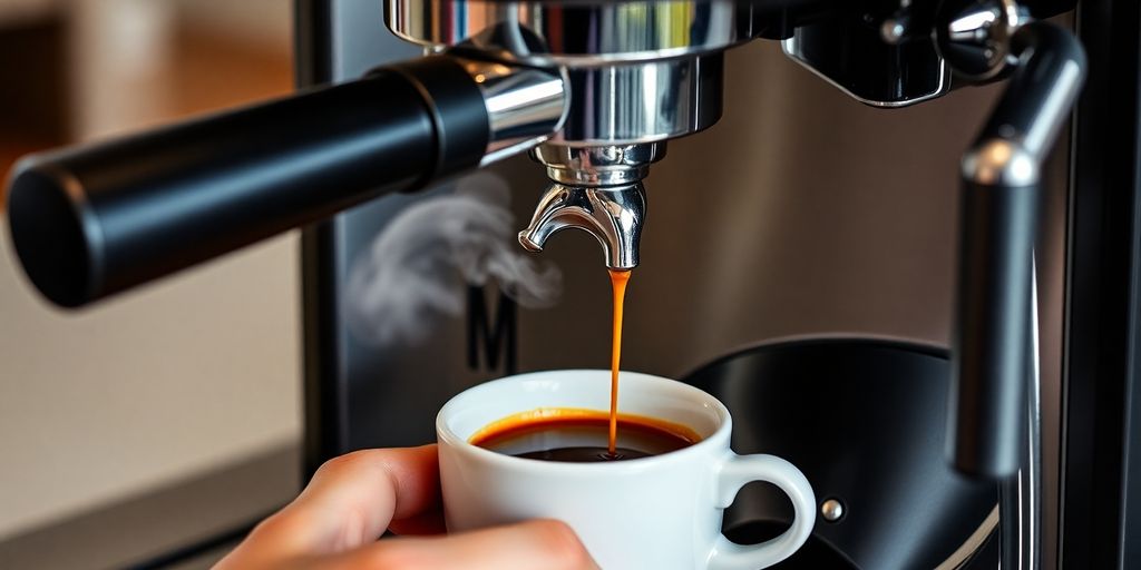Person happily making espresso at home.